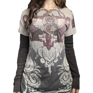 Y2K Sinful by Affliction  Grunge Cross wings purple/white T-shirt woman's Medium